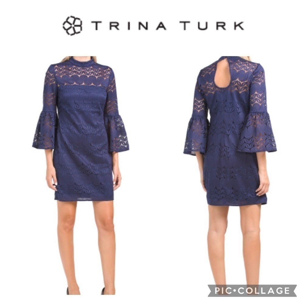 Trina Turk lace 3/4 bell sleeves navy blue mini dress size 8 NWT